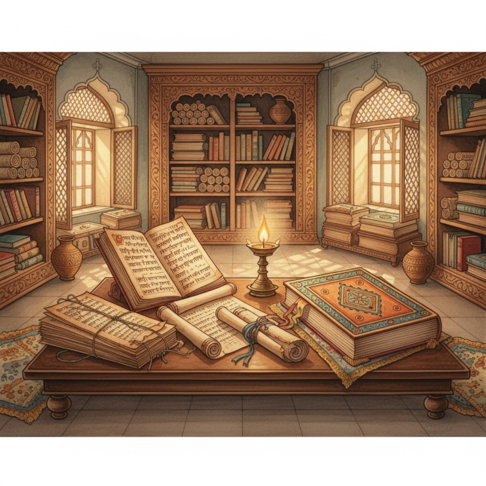 Vários textos antigos abertos sobre mesa baixa em ambiente de biblioteca tradicional indiana