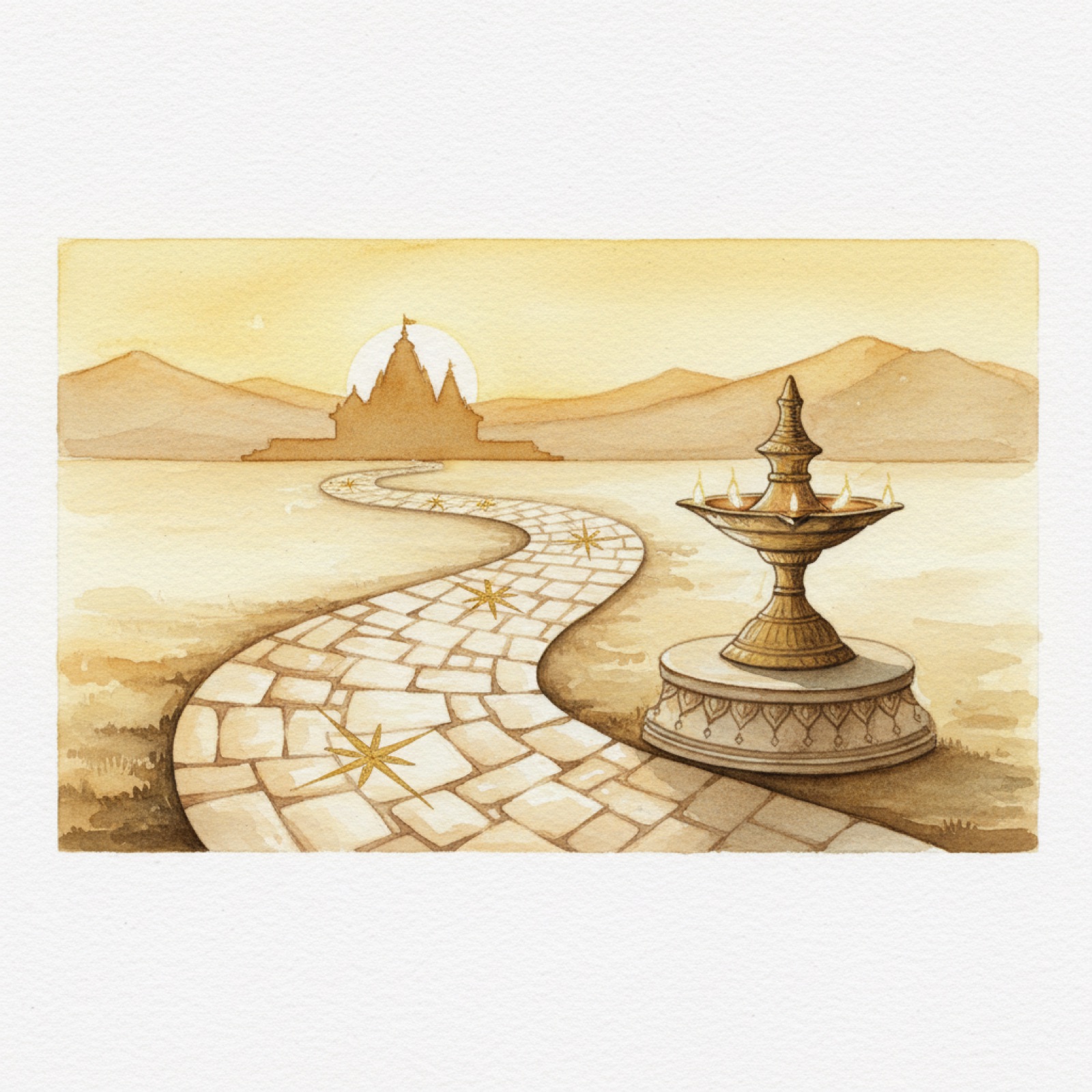 Caminho de pedra atravessando paisagem indiana ao amanhecer com lampião marcando passagem — aquarela tradicional