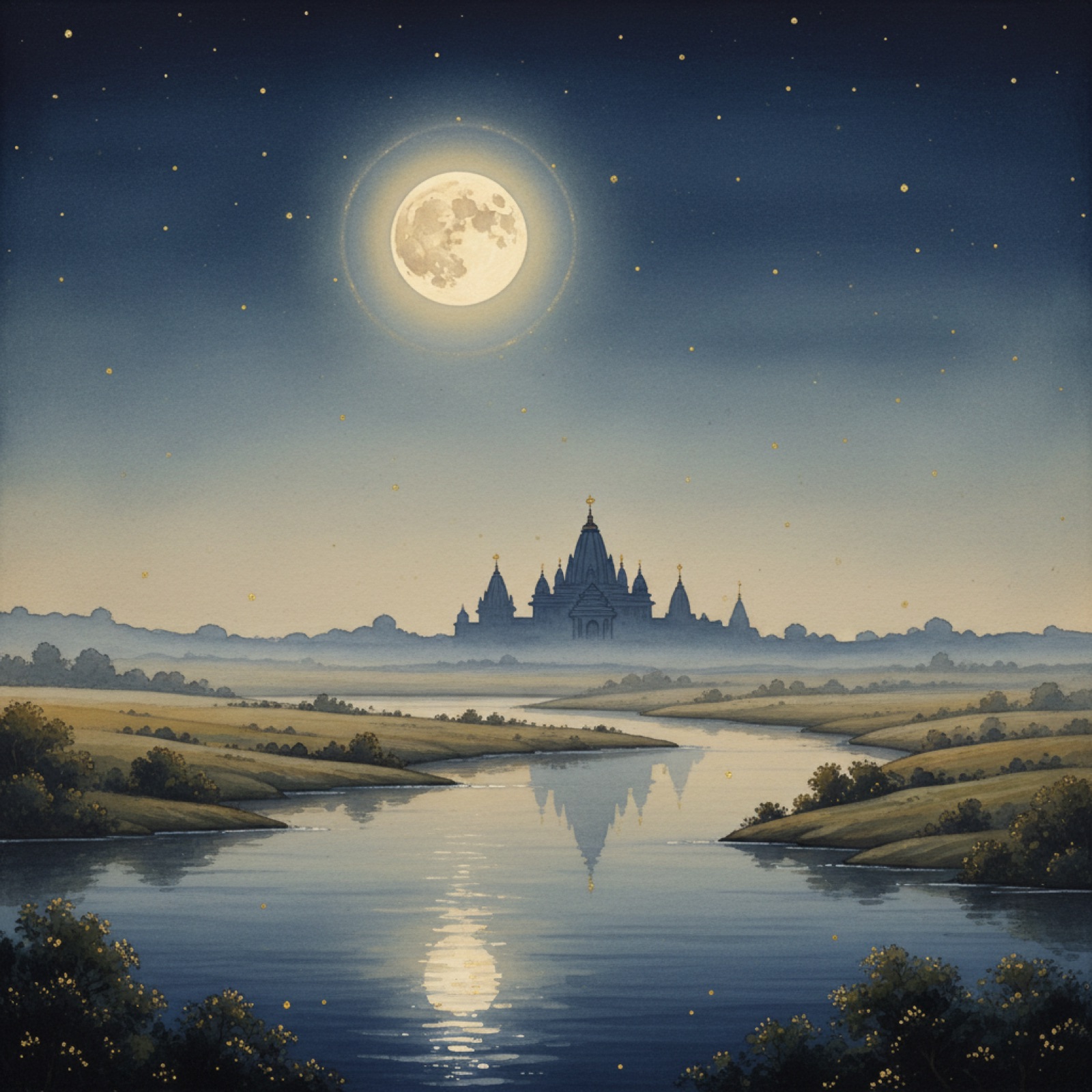 Lua cheia sobre paisagem indiana noturna com templo distante e rio refletindo a luz — aquarela tradicional